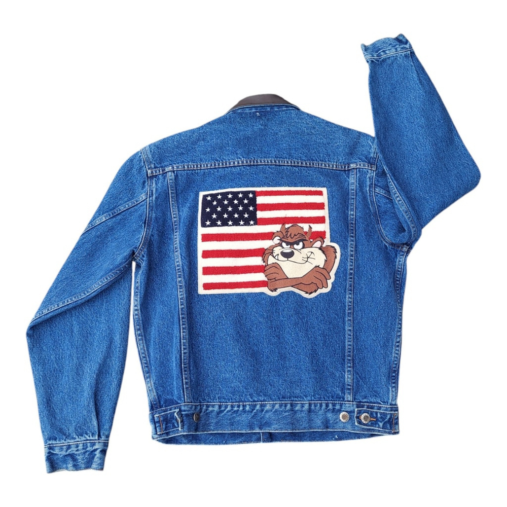 Warner Brothers Taz Tasmanian Devil Denim Jean Jacket American Flag Blue Size S